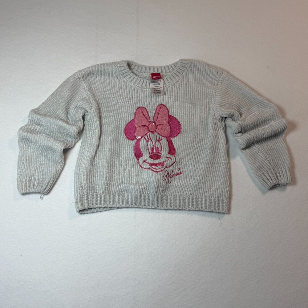 Disney Minnie Mouse Sweater 5T Gray Chenille Knit Crewneck Girls Cozy Top